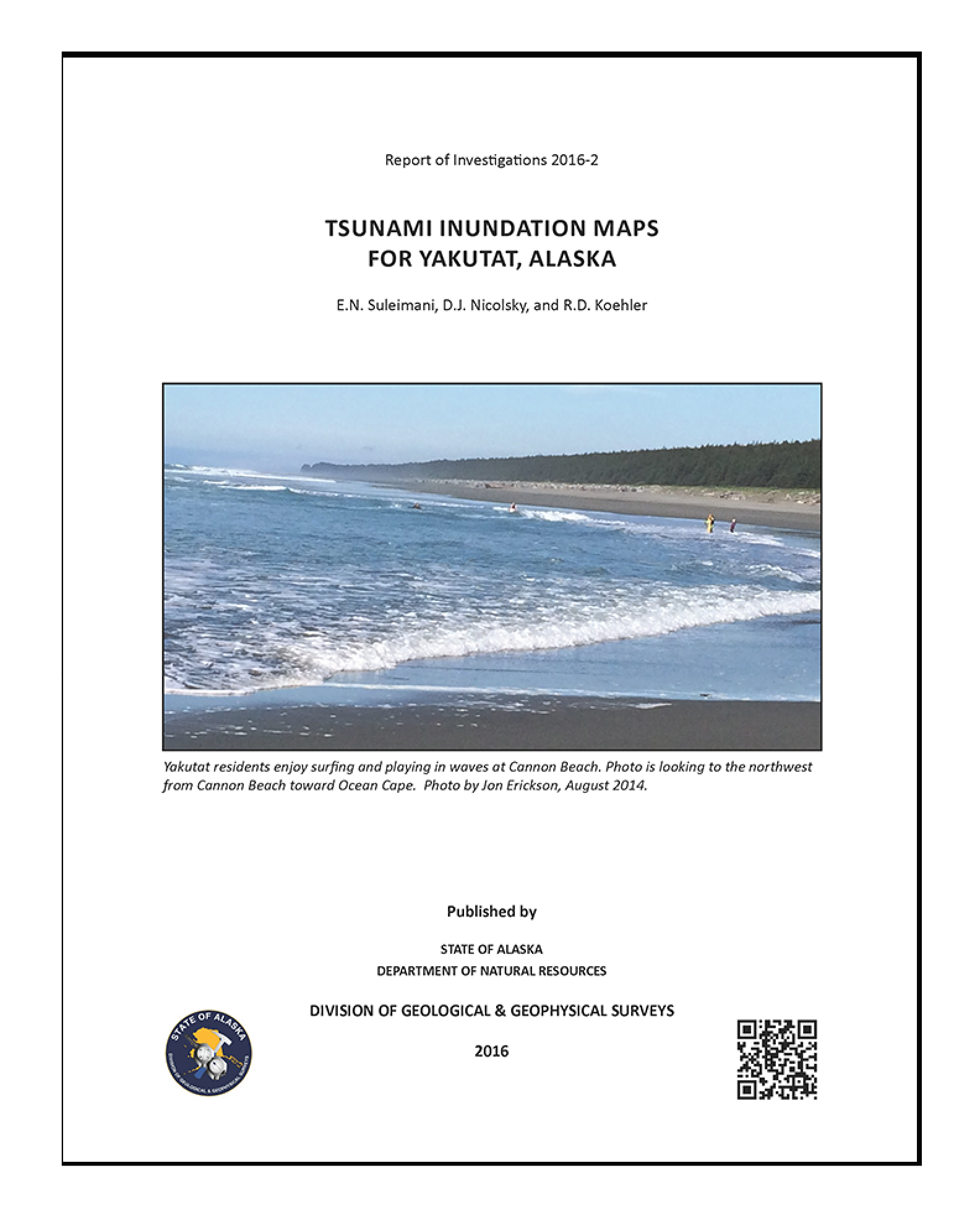 Report cover titled Tsunami Inundation Maps for Yakutat, Alaska. In the middle of the page is a photo of foaming waves along a sandy beach with trees in the background.