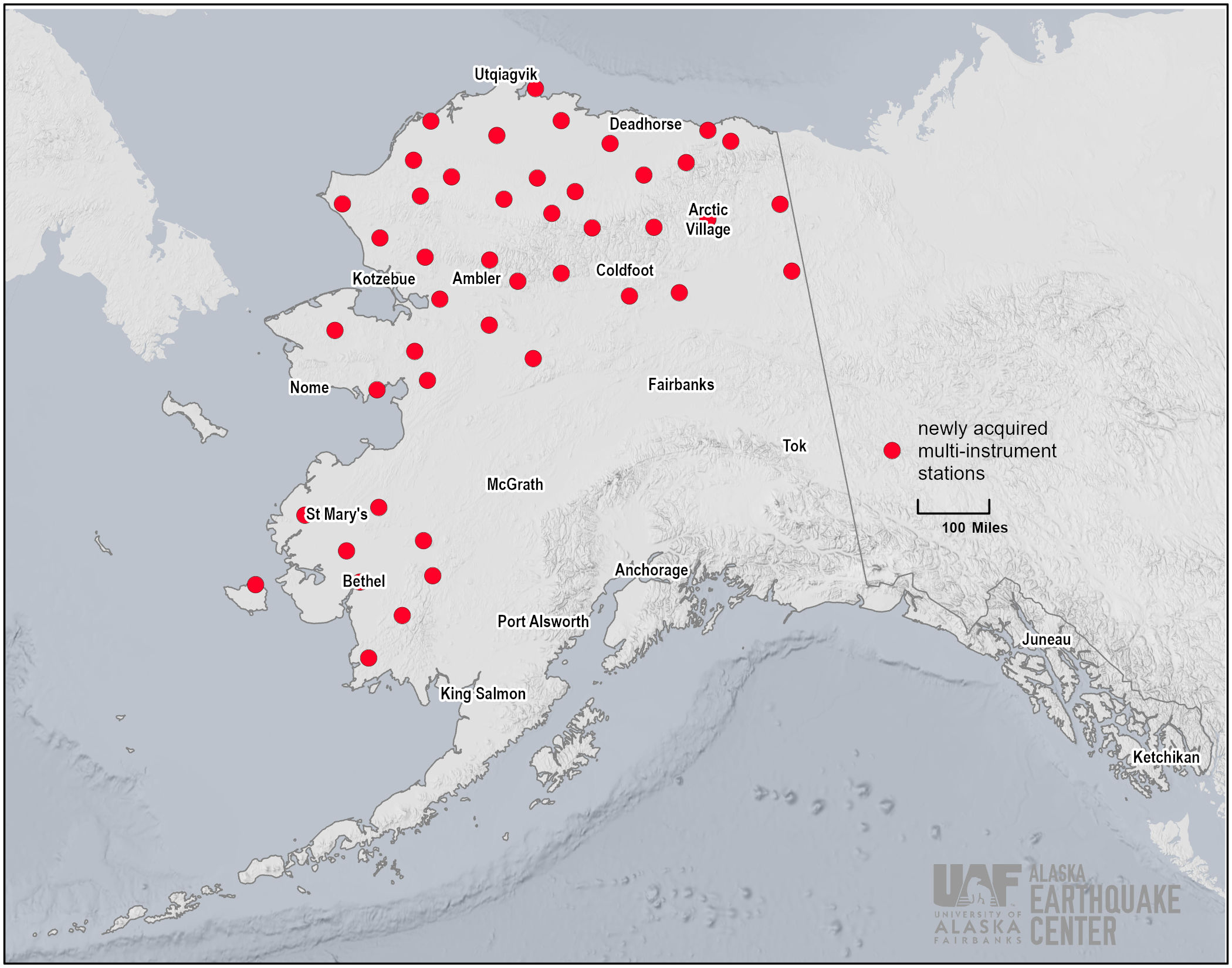 The 45 USArray stations greatly increase coverage for western and northern Alaska.