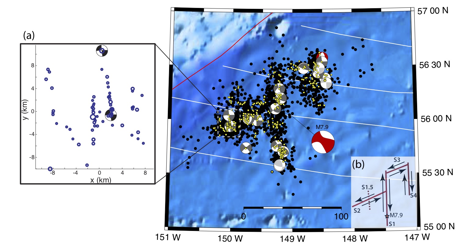 Map of the aftershocks and moment tensors