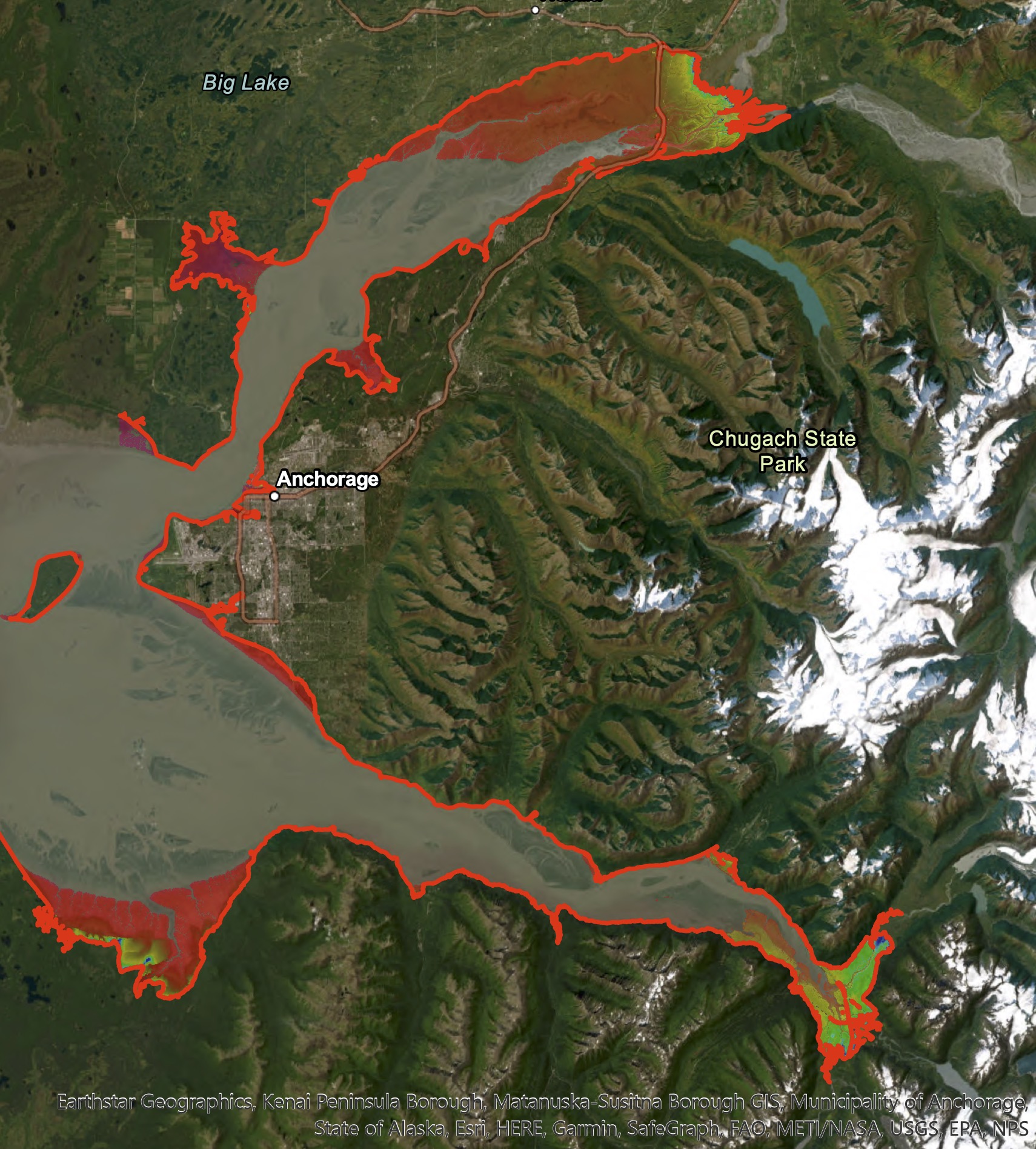 Map showing flooding extent in Anchorge area, Knik Arm, and Turnagain Arm.
