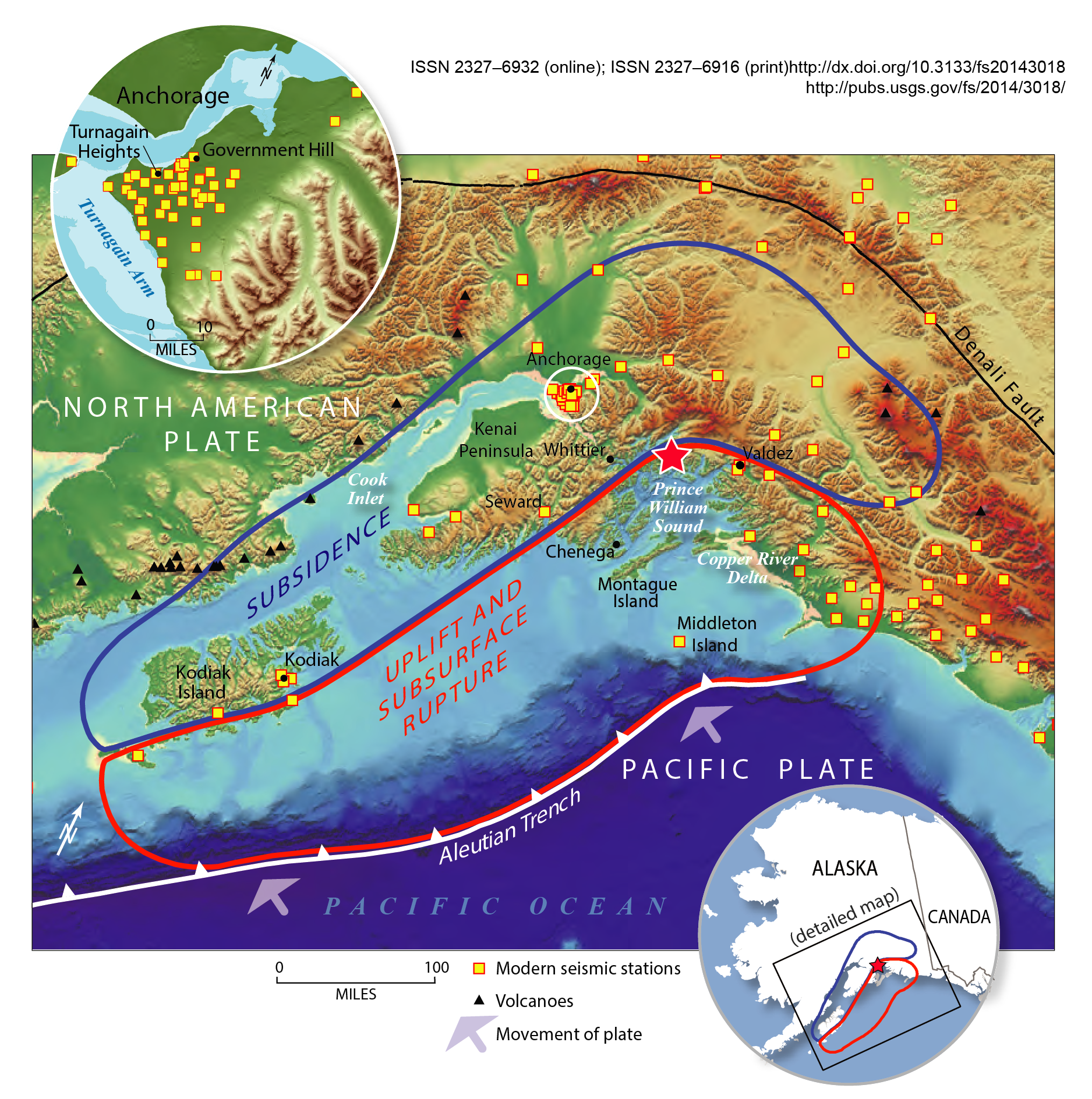 Areas of uplift and subsidence during the 1964 Great Alaska Earthquake.