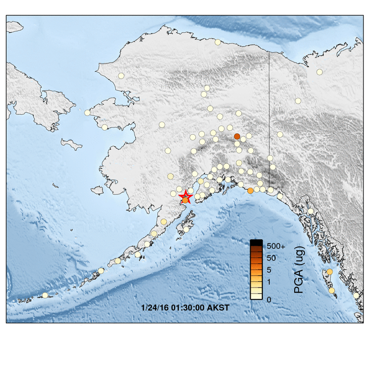 Animation showing seismic activity across the Alaska Geophysical Network.