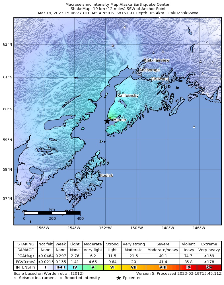 Intensity shakemap for the March 19th, 2023 M5.4 earthquake