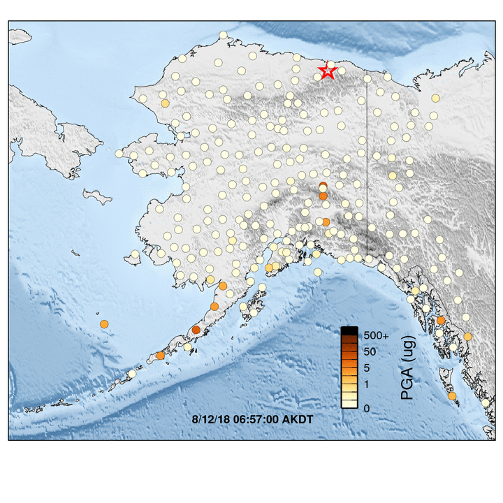 Animation showing the seismic waves from the earthquake spreading across Alaska from the North Slope.