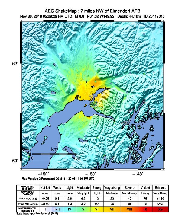 The shakemap from the magnitude 7.1 mainshock shows the intensity of shaking across the region