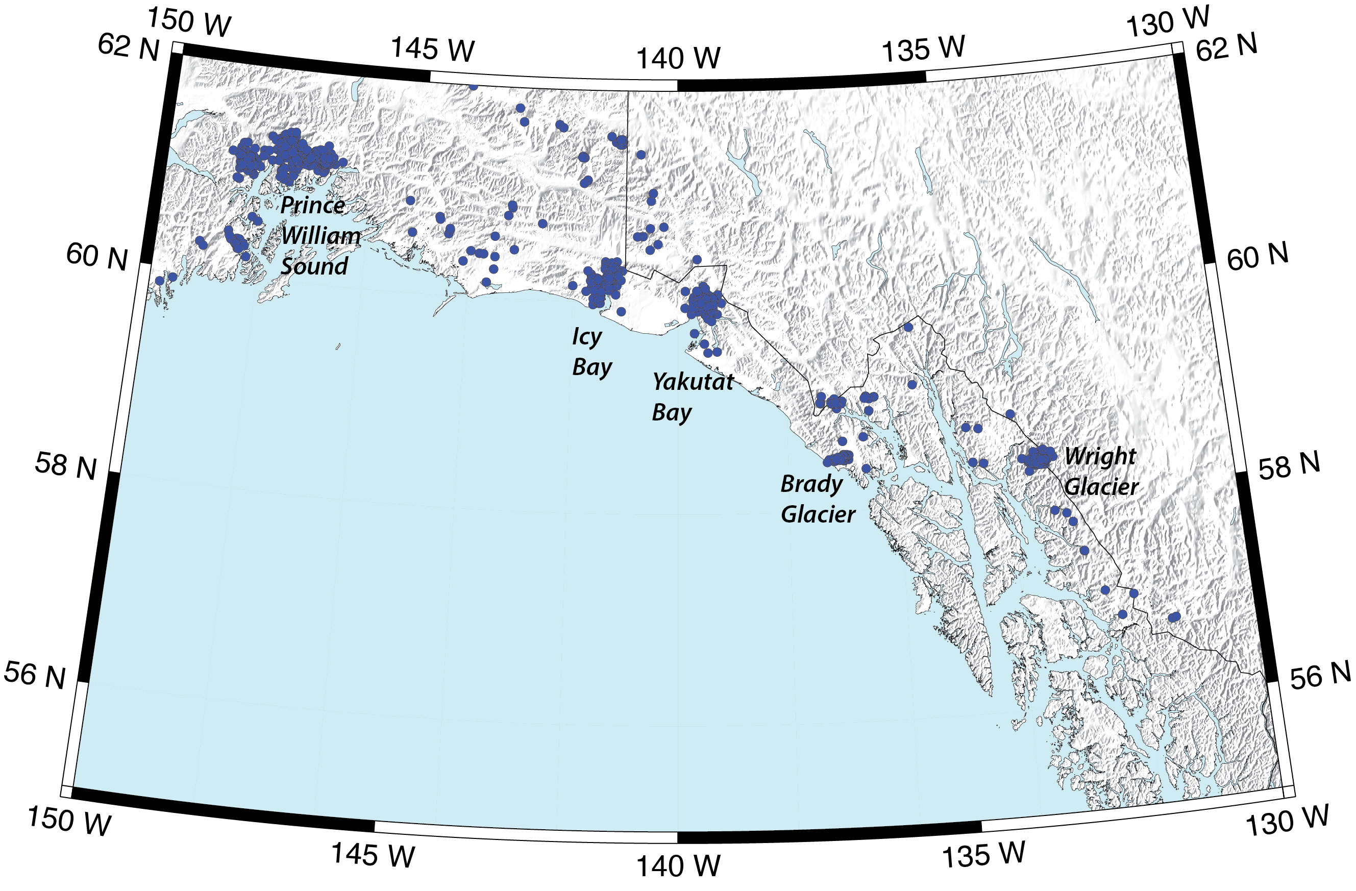 Map showing clusters of glacial seismic events clustered in Prince William Sound in Southcentral Alaska, Icy Bay, Yakutat Bay, Brady Glacier, and Wright Glacier. 