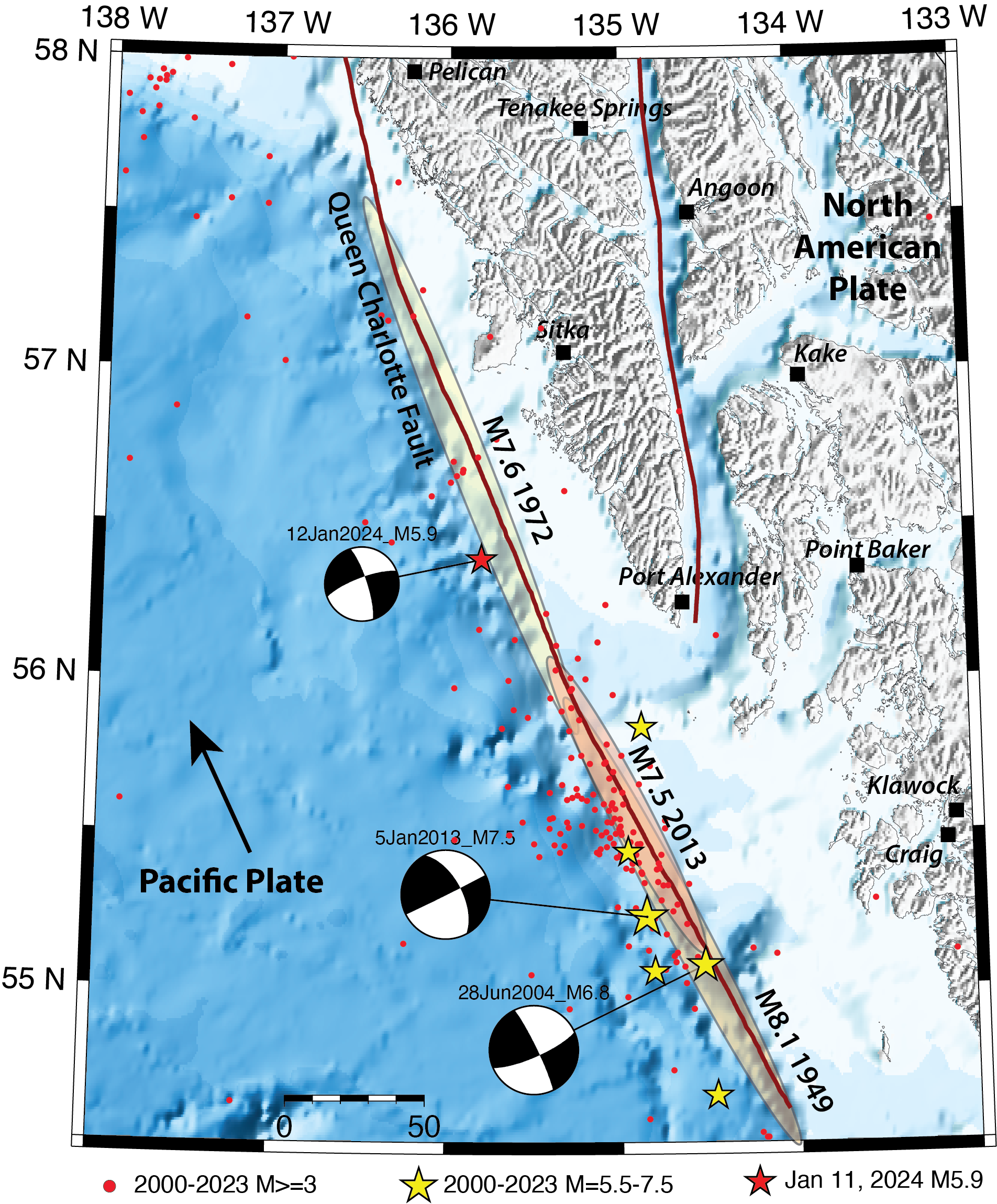 Map showing the M5.9 event with 2 major historical earthquakes along the Queen Charlotte–Fairweather fault system.
