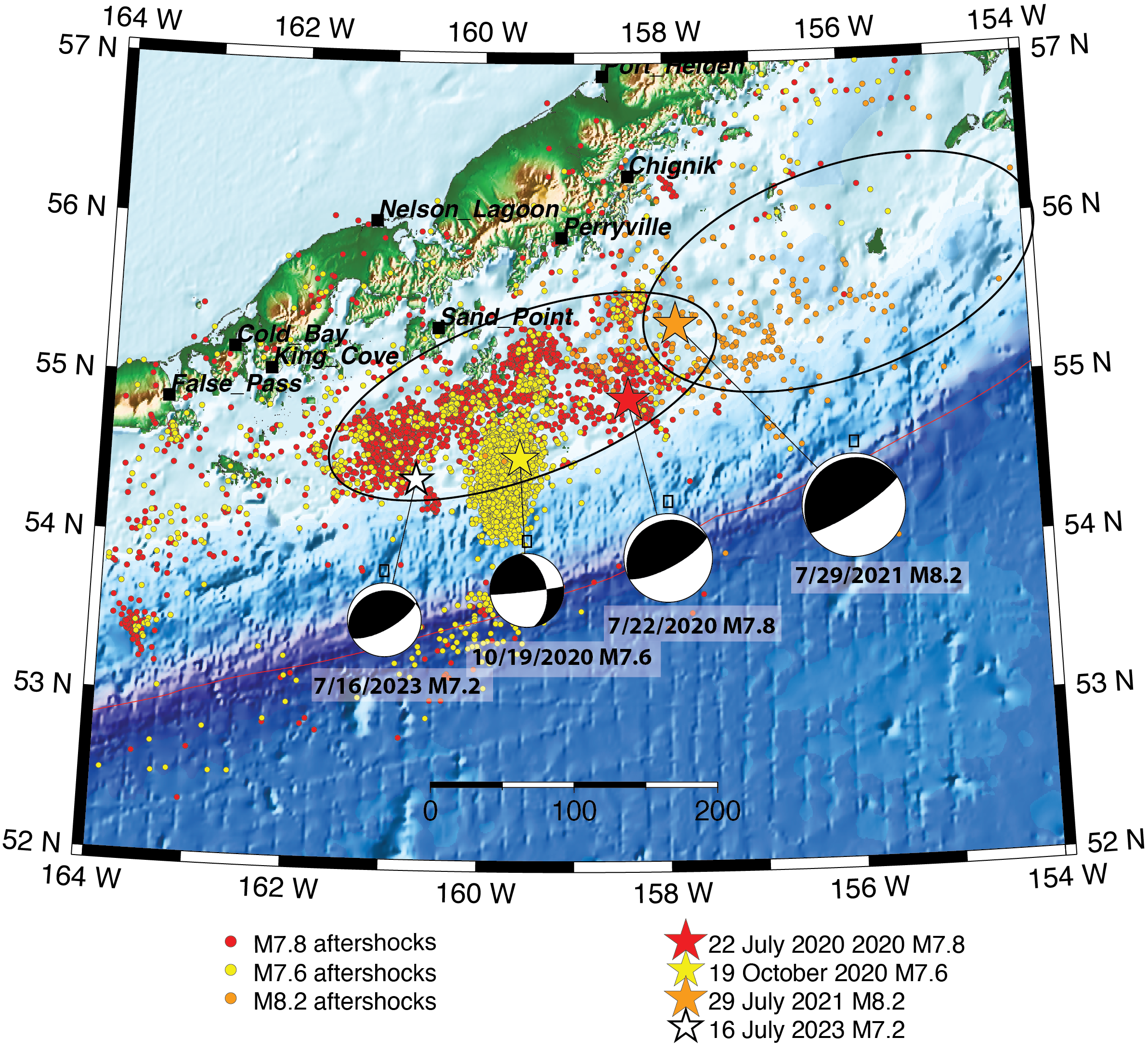 Map shows locations of four large earthquakes and aftershocks offshore of Sand Point, Alaska.