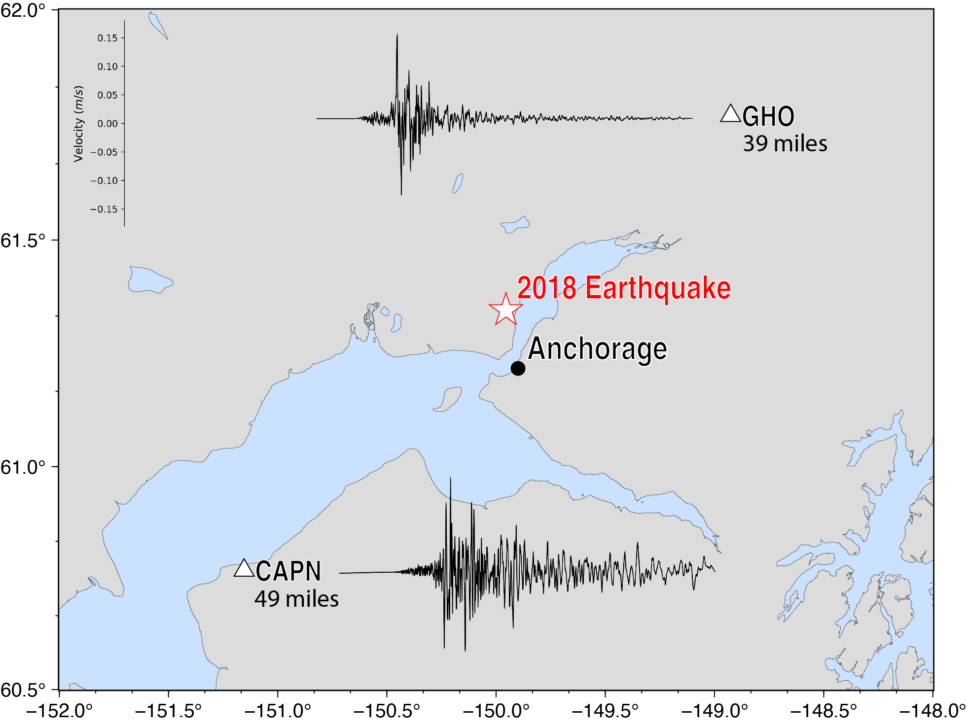 Cook Inlet Basin station shows strong shaking for 120 seconds, while the station on solid ground shows shaking for about 40 seconds.