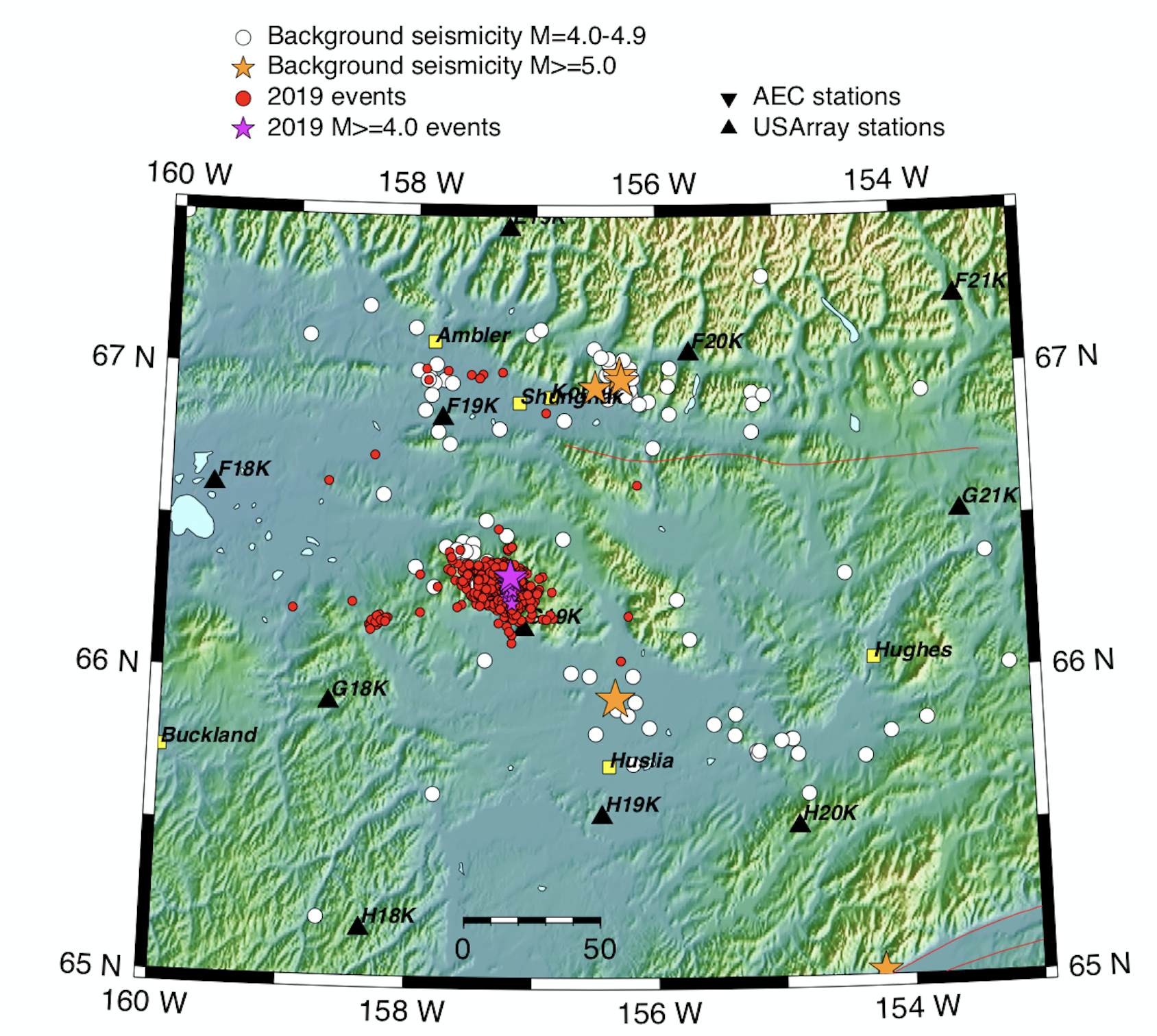 Map with cluster of 2019 earthquakes in center, with a few over magnitude 4. This is in contrast to more scattered background seismicity events. 