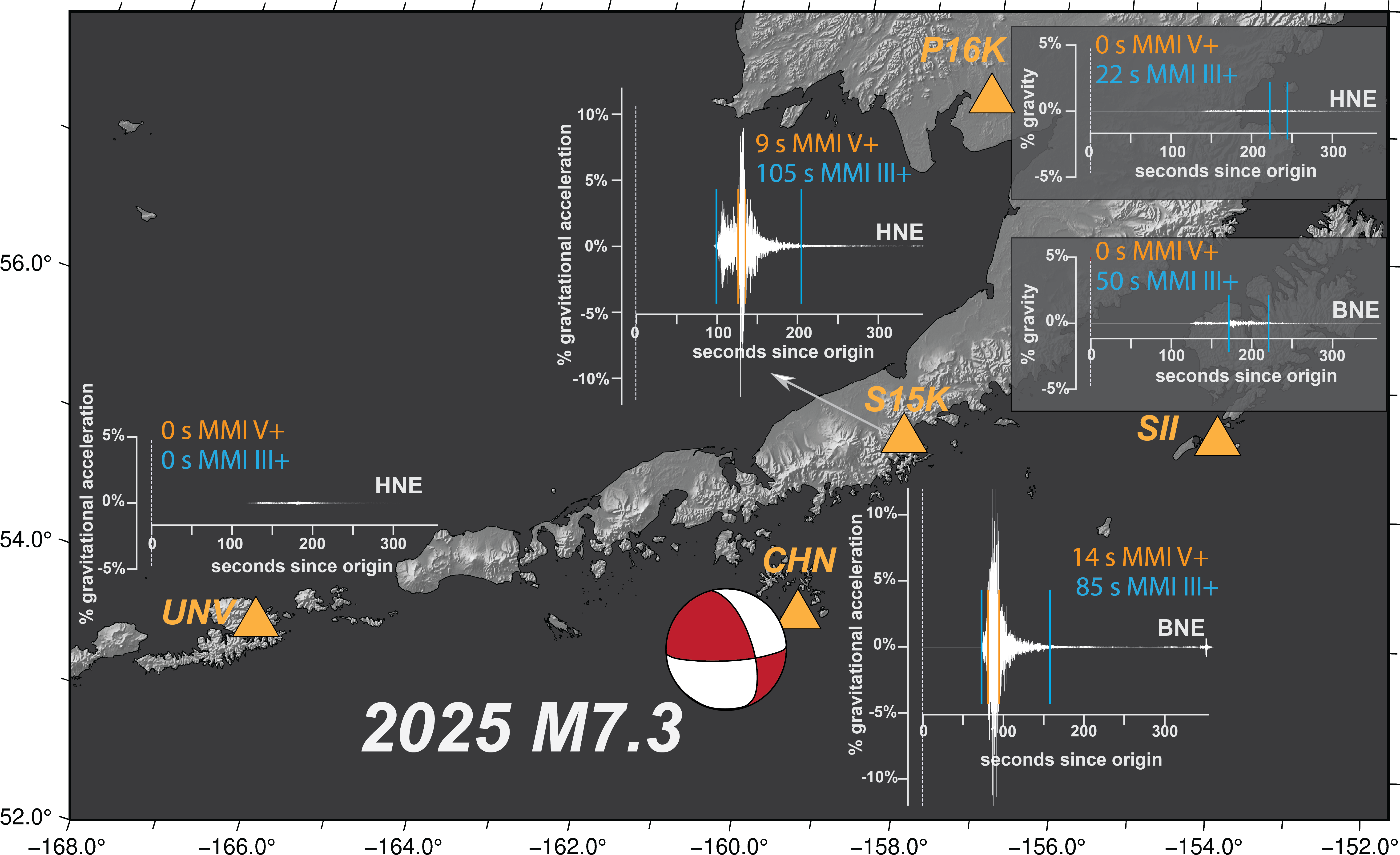 Map showing seismograms of shaking at various stations during magnitude 7.3 earthquake.